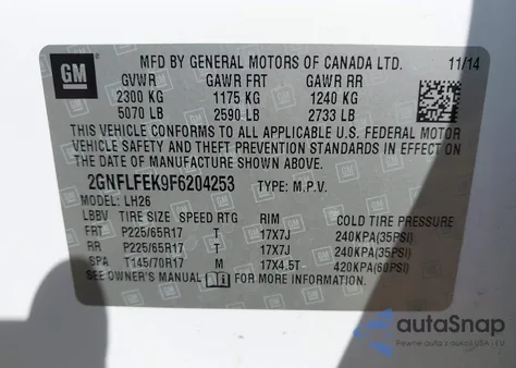 2015 Chevrolet Equinox 1Lt from USA, damaged, VIN 2GNFLFEK9F6204253